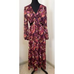 Sofia Jeans‎ by Sofia Vergara Wine Floral Cut-Out Maxi Dress Metallic Gold L